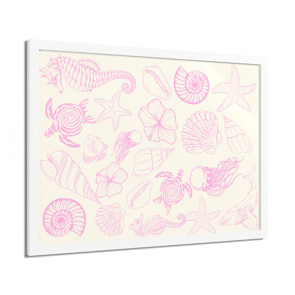 Coastal Beach Framed Poster - Pink Seashells & Marine Life