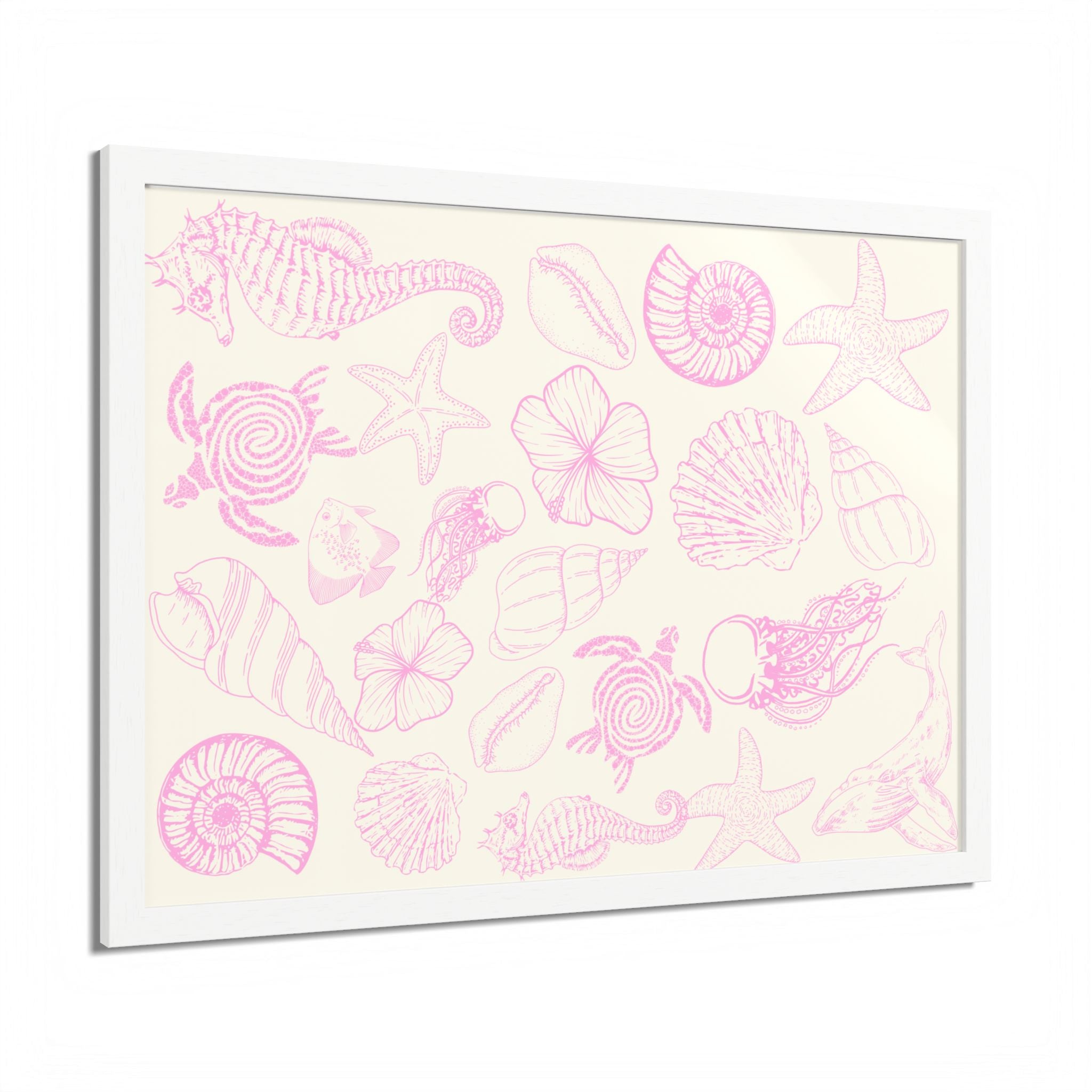 Coastal Beach Framed Poster - Pink Seashells & Marine Life