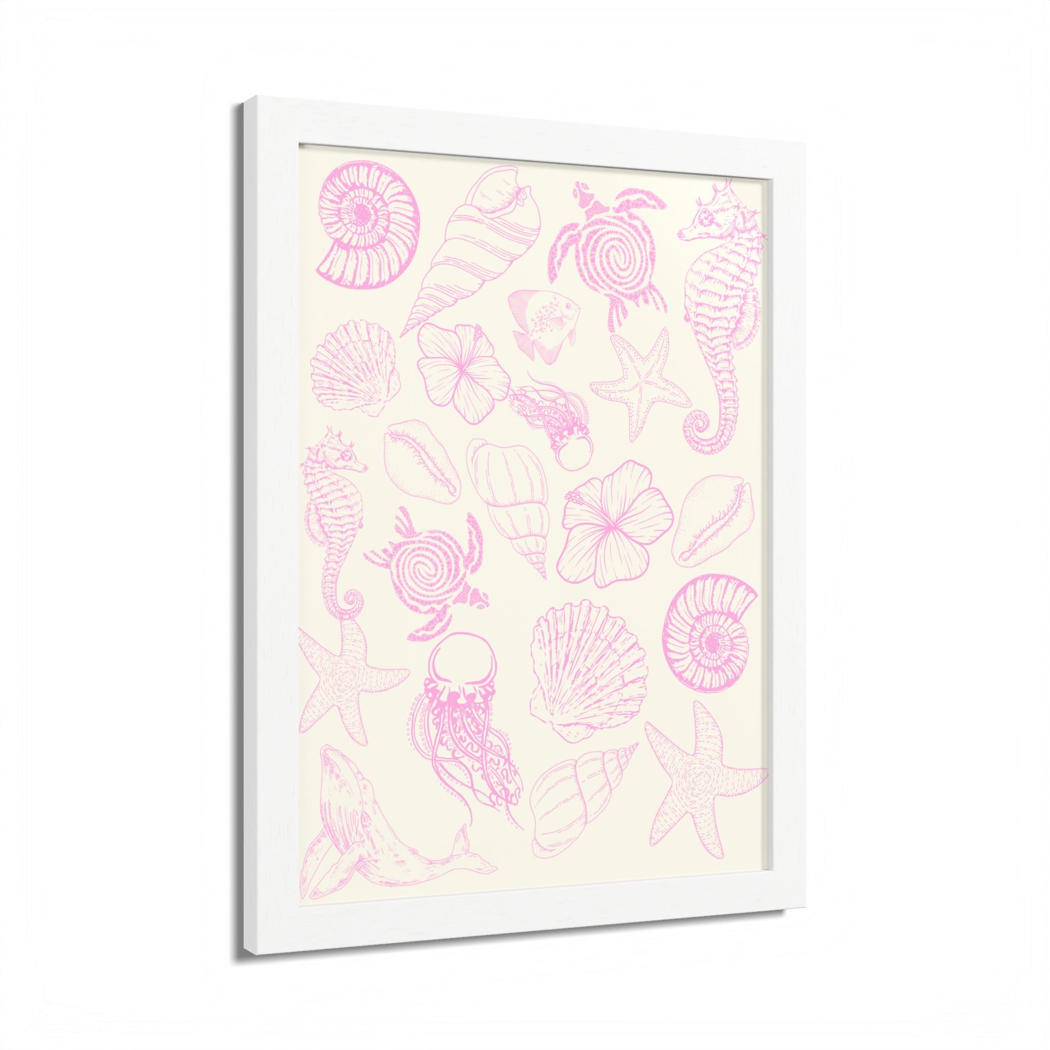 Coastal Beach Framed Poster - Pink Seashells & Marine Life