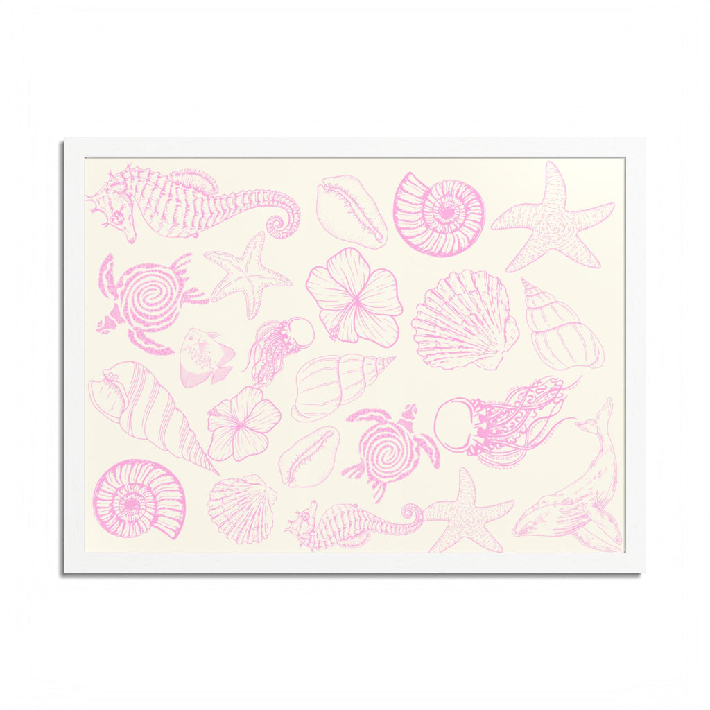 Coastal Beach Framed Poster - Pink Seashells & Marine Life