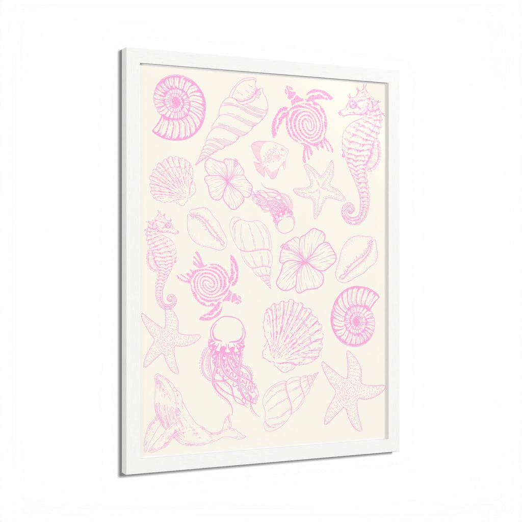 Coastal Beach Framed Poster - Pink Seashells & Marine Life