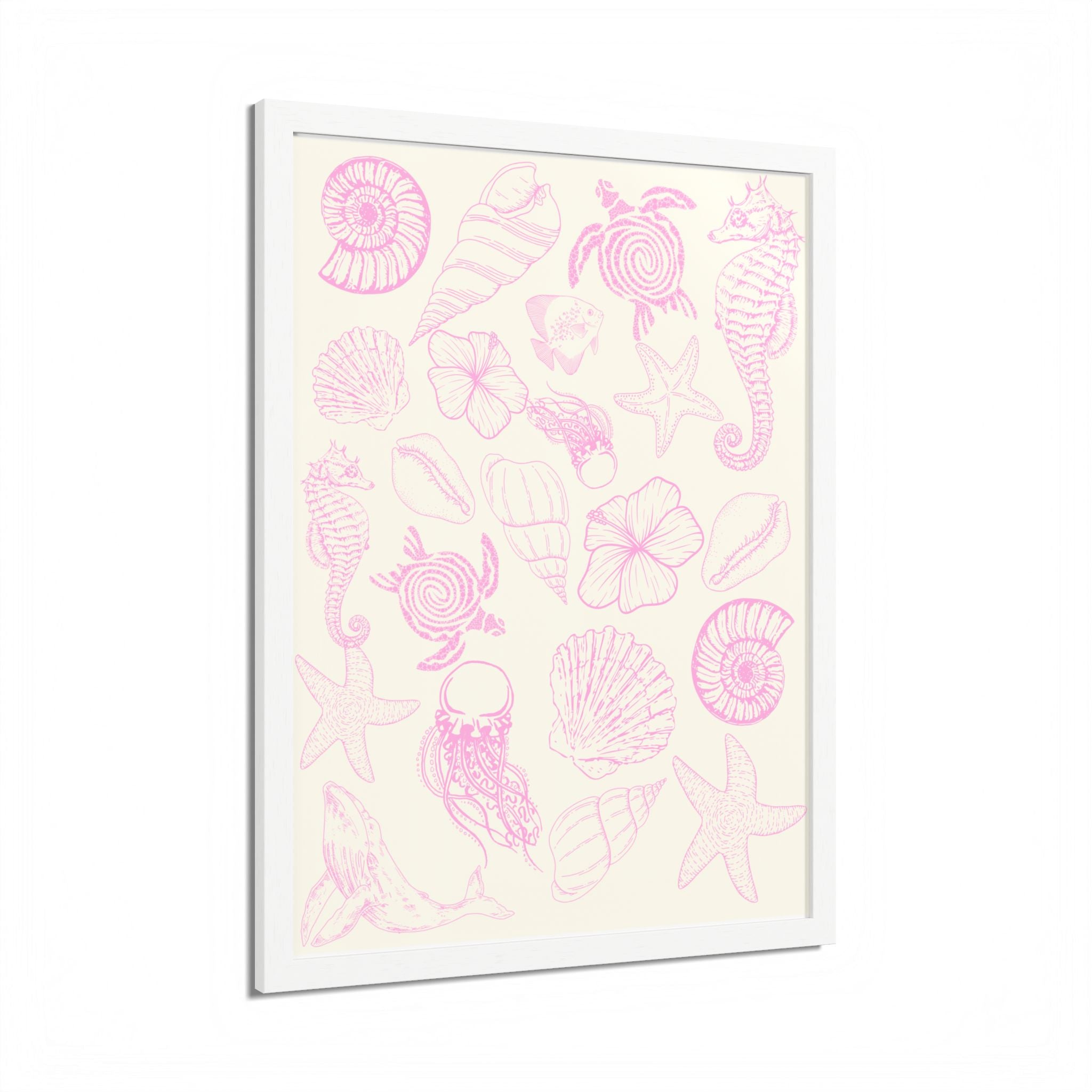 Coastal Beach Framed Poster - Pink Seashells & Marine Life